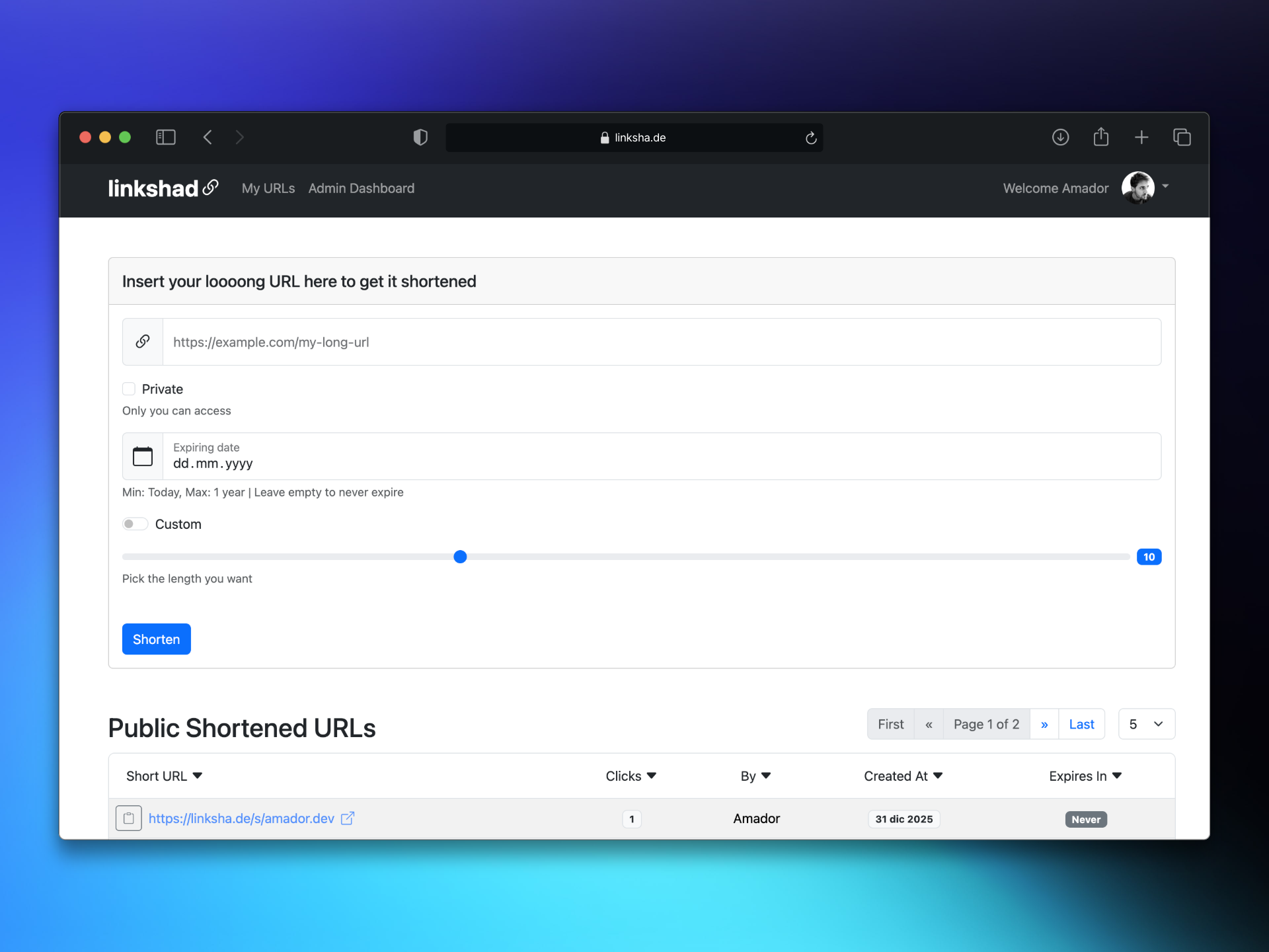 Screenshot of project Linkshade - A powerful URL shortening service